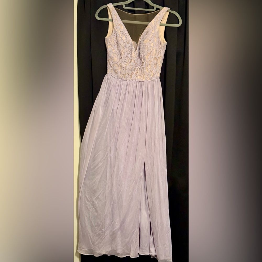 David's Bridal V Neck Lace Mesh Dress in color Iris, size 0
